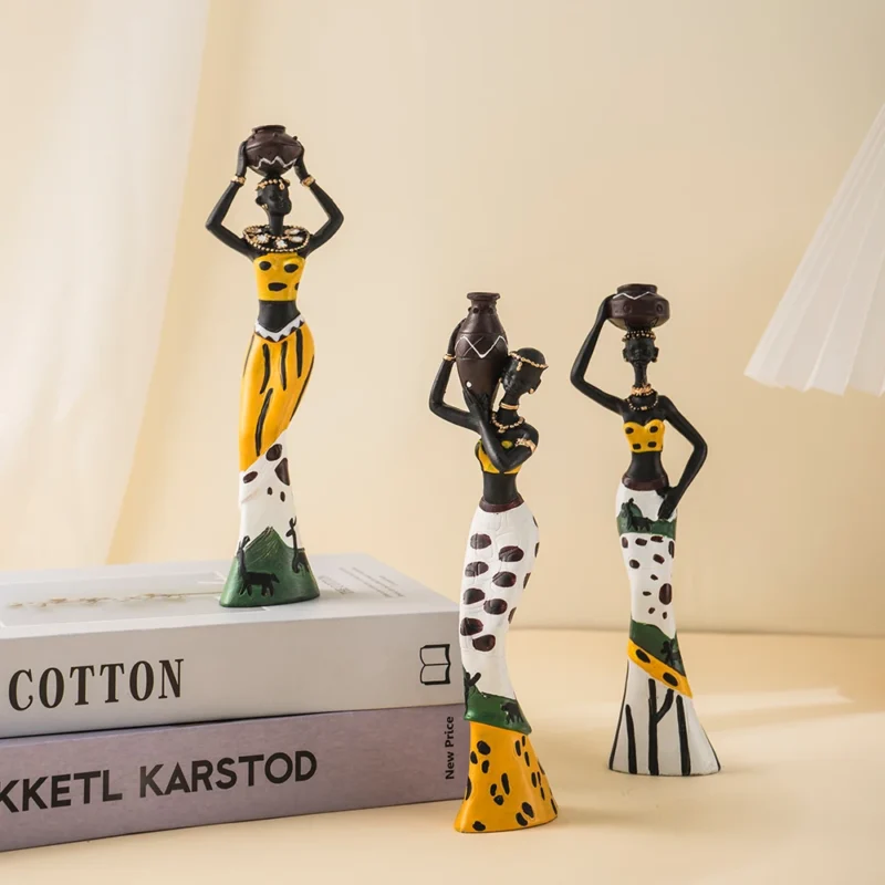 Black African Woman Figurines Statues | NORTHEUINS 3pcs Set Resin African Woman Figurines | Black Figure Statues | Exotic Ornaments | Interior Home Living Room Desktop Décor | - Image 4