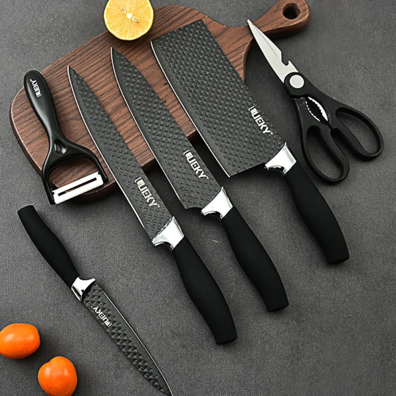 Kitchen Knives Set Stainless Steel Slicer Nakiri Paring Chef Knife Scissors Peeler Vegetables Fruit Fish Cleaver Diamond Pattern