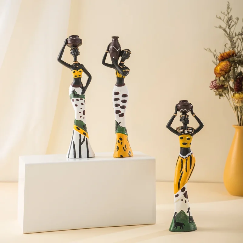 Black African Woman Figurines Statues | NORTHEUINS 3pcs Set Resin African Woman Figurines | Black Figure Statues | Exotic Ornaments | Interior Home Living Room Desktop Décor | - Image 3