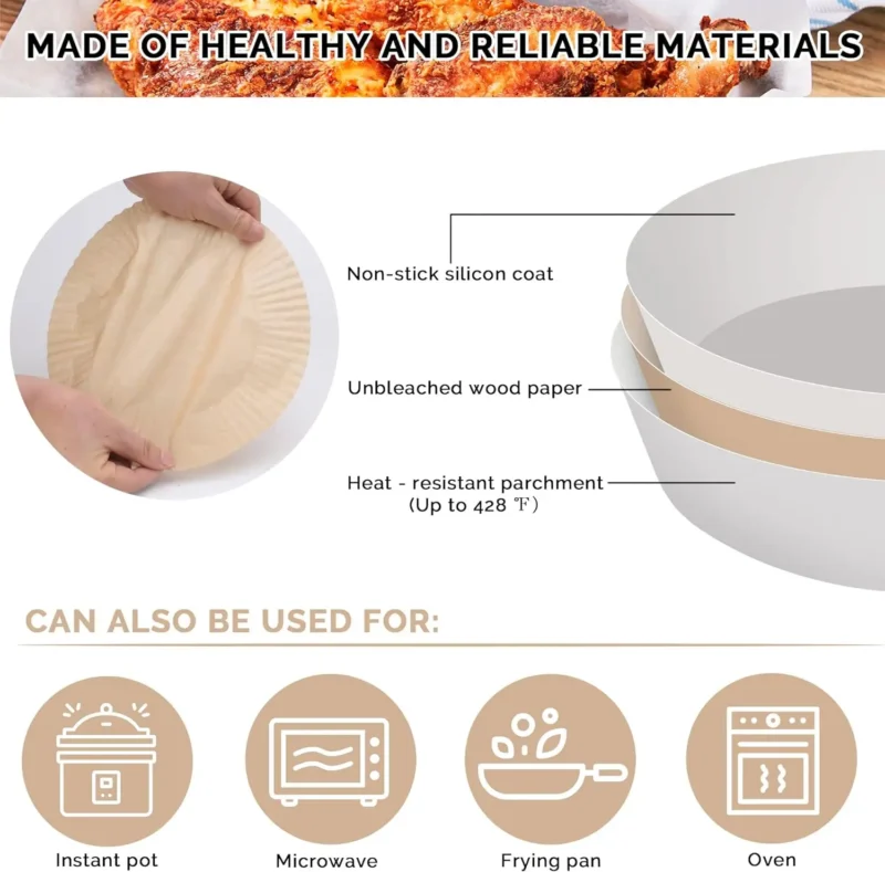 50PCS Ideal Kitchen Air Fryer Paper Liner Round 7.8 inch,Baking Disposable Air Fryer Parchment Paper, Multipurpose Oil-absorbing - Image 5