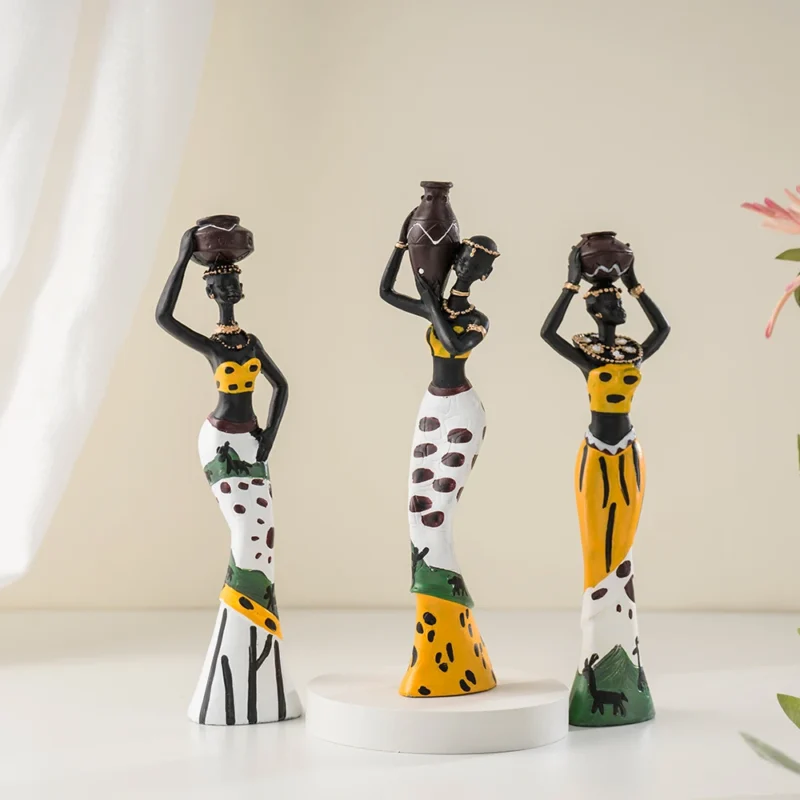 Black African Woman Figurines Statues | NORTHEUINS 3pcs Set Resin African Woman Figurines | Black Figure Statues | Exotic Ornaments | Interior Home Living Room Desktop Décor | - Image 2