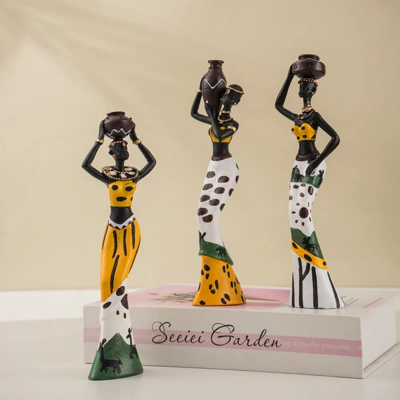 Black African Woman Figurines Statues | NORTHEUINS 3pcs Set Resin African Woman Figurines | Black Figure Statues | Exotic Ornaments | Interior Home Living Room Desktop Décor | - Image 5